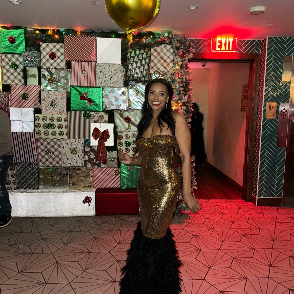 Gold Sequin Gown with Black Feather Hem